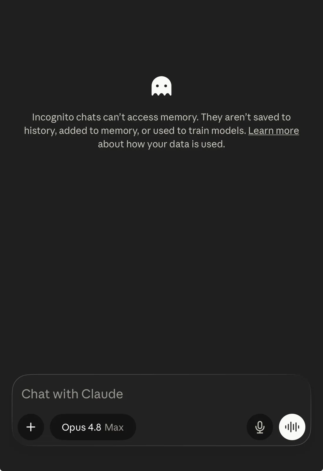 Pantalla del modo incógnito con el fantasma y el aviso de que el chat no se guarda