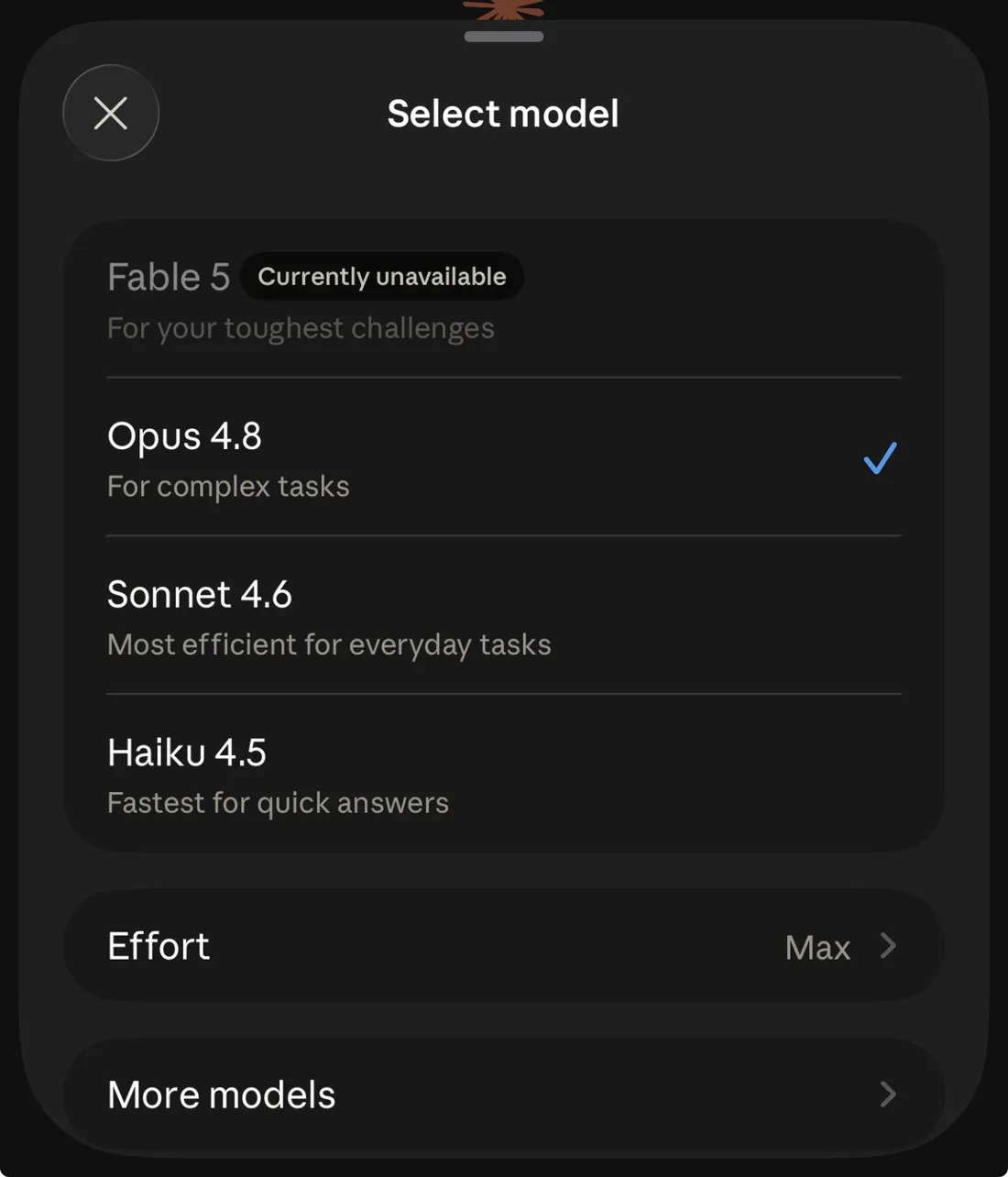 Pantalla para elegir modelo: Fable 5, Opus 4.8, Sonnet 4.6, Haiku 4.5 y el ajuste de Effort