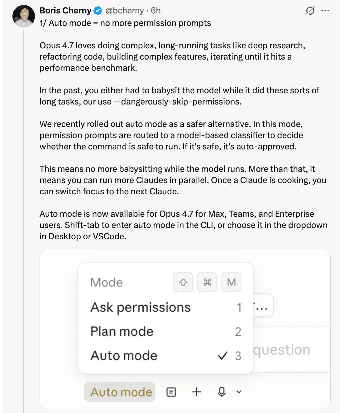 Tweet de Boris explicando auto mode — el modo que deja a Claude aprobar solo los comandos seguros