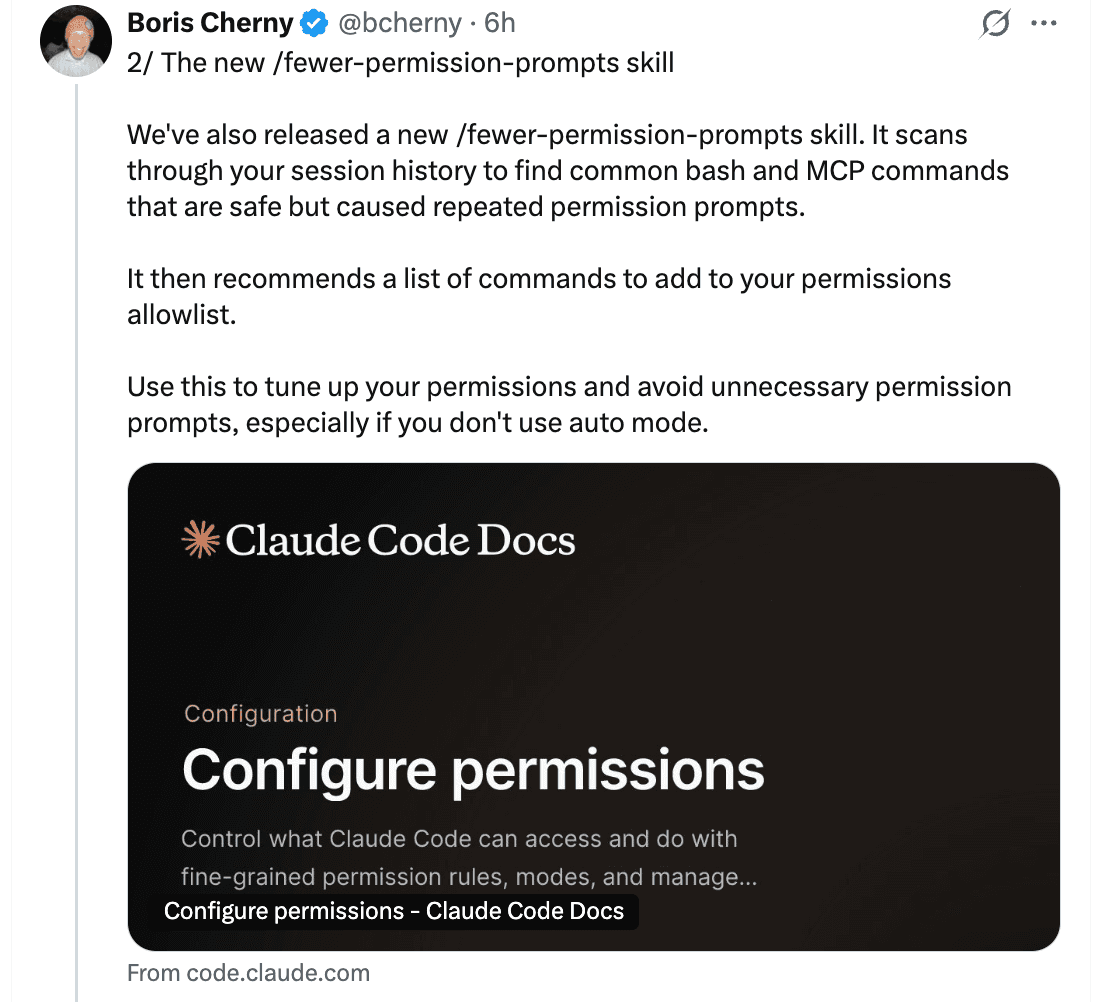 Tweet de Boris sobre la skill /fewer-permission-prompts que escanea la sesión y recomienda qué permitir