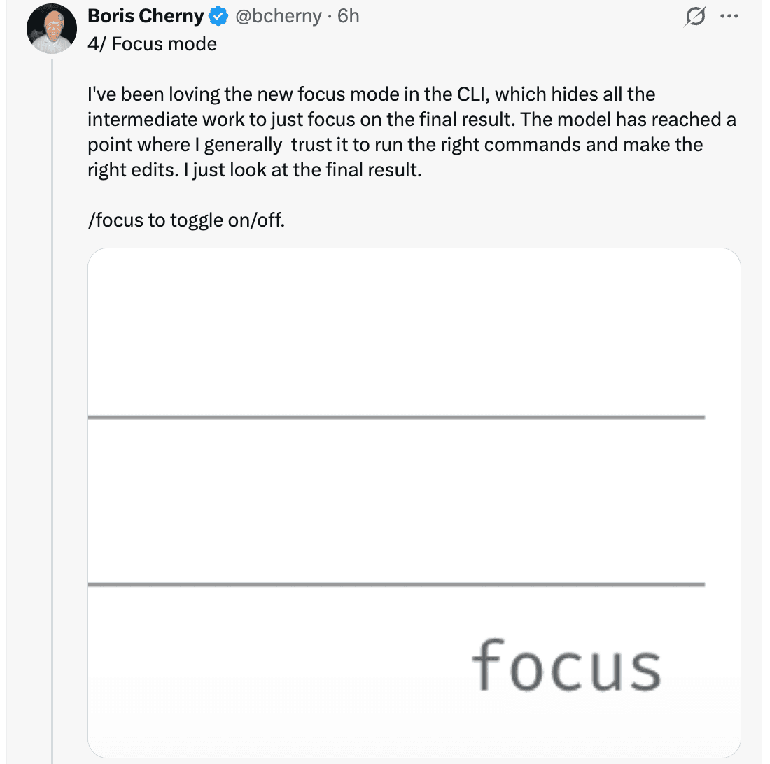 Tweet de Boris mostrando cómo focus mode esconde los pasos intermedios y solo deja el resultado