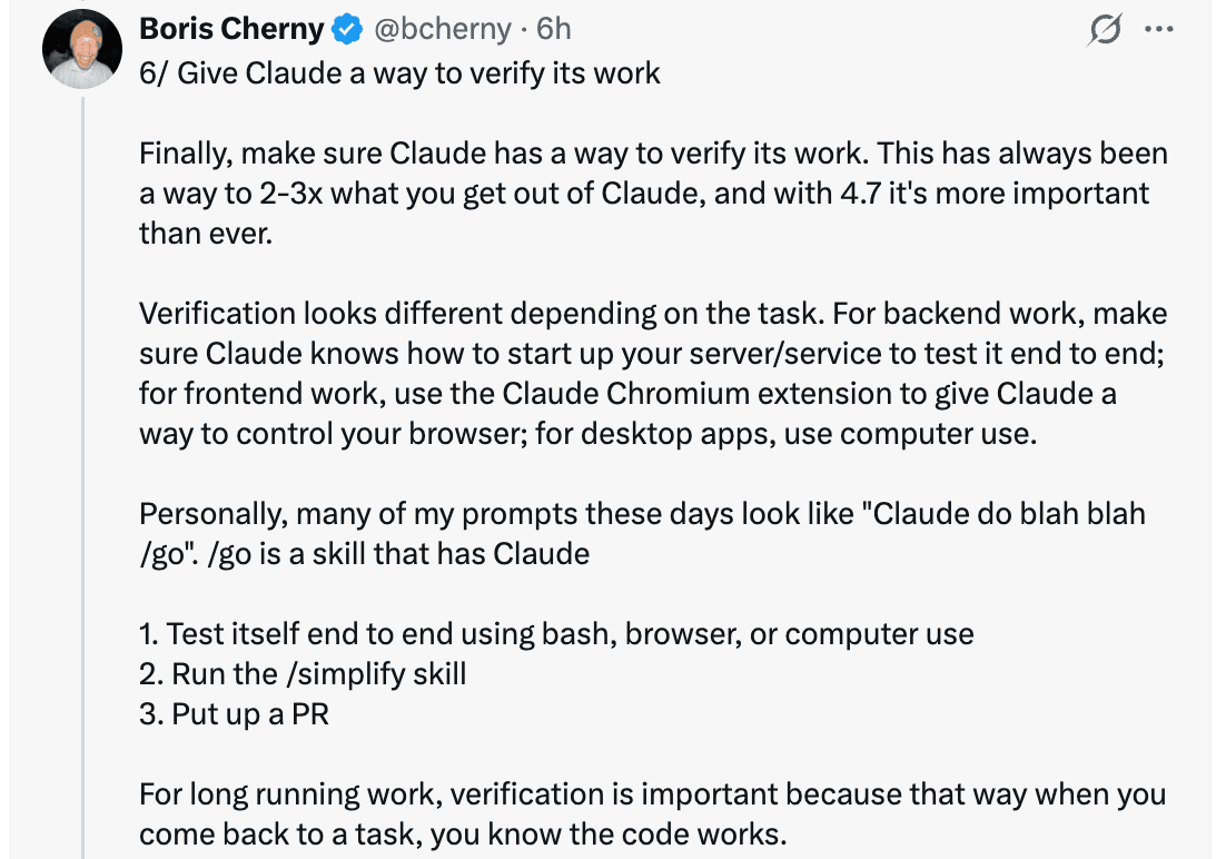 Tweet de Boris sobre darle a Claude cómo verificar su trabajo — Chrome extension, Computer Use, bash