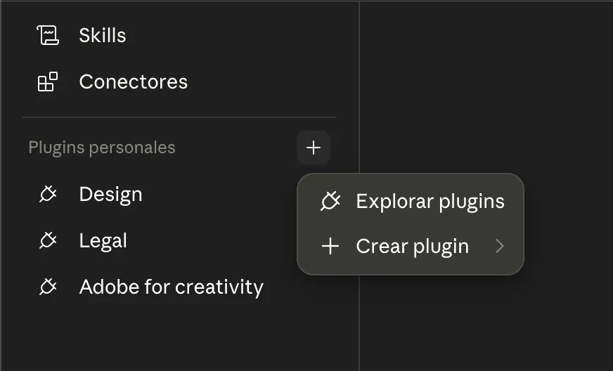 Menú que abre el botón más con las opciones Explorar plugins y Crear plugin