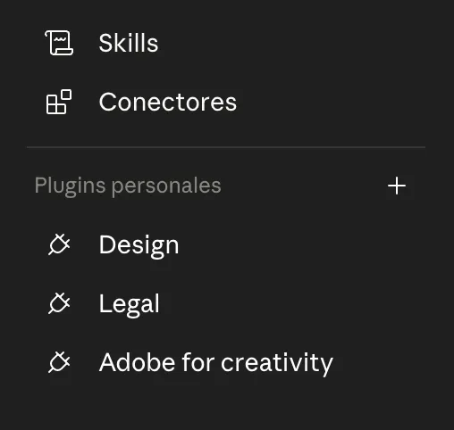 Sección Plugins personales dentro de Personalizar, con Design, Legal y Adobe for creativity y un botón más